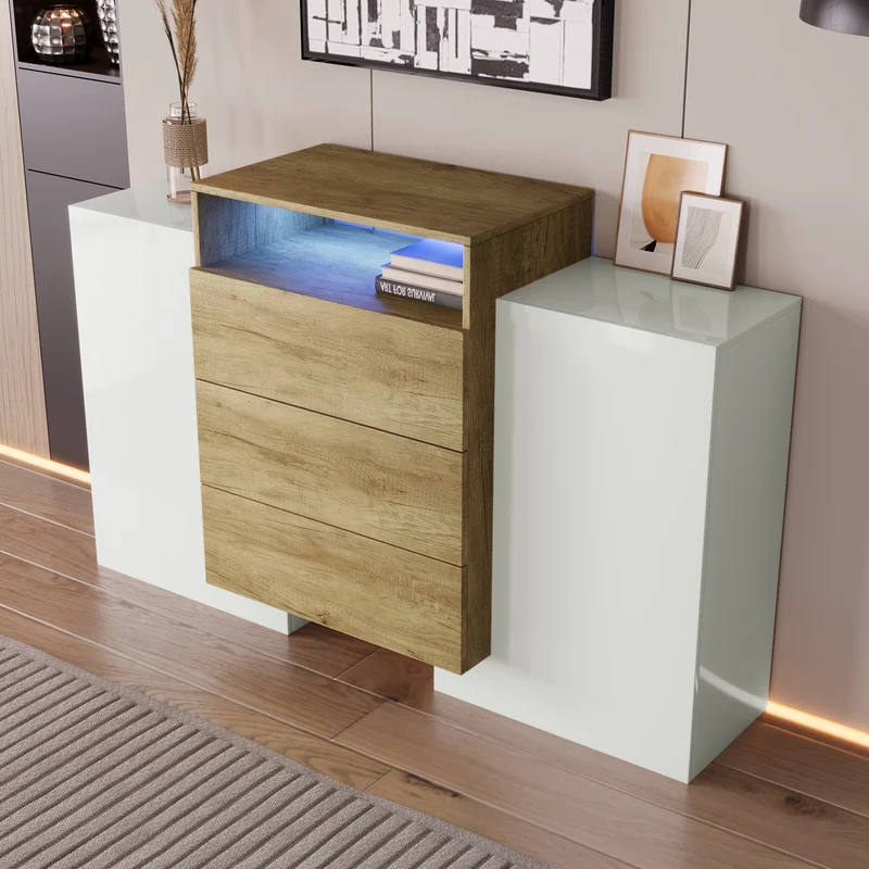 Buffet moderne blanc brillant et effet bois 2 portes, niche, 3 tiroirs avec éclairage LED VRASUK