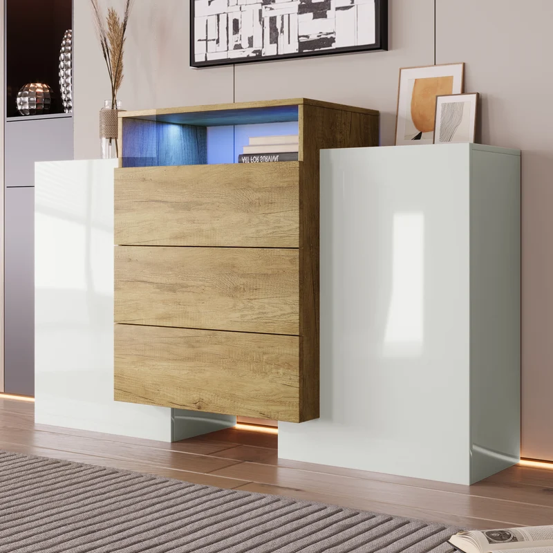 Buffet moderne blanc brillant et effet bois 2 portes, niche, 3 tiroirs avec éclairage LED VRASUK
