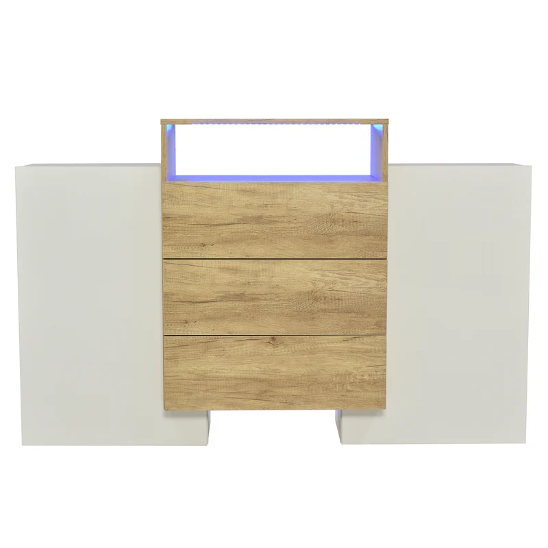 Buffet moderne blanc brillant et effet bois 2 portes, niche, 3 tiroirs avec éclairage LED VRASUK