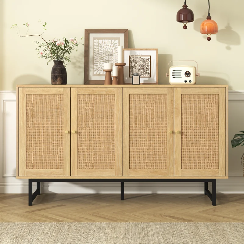 Buffet naturelle effet bois 4 portes en rotin 140*39*80cm STIQNOID