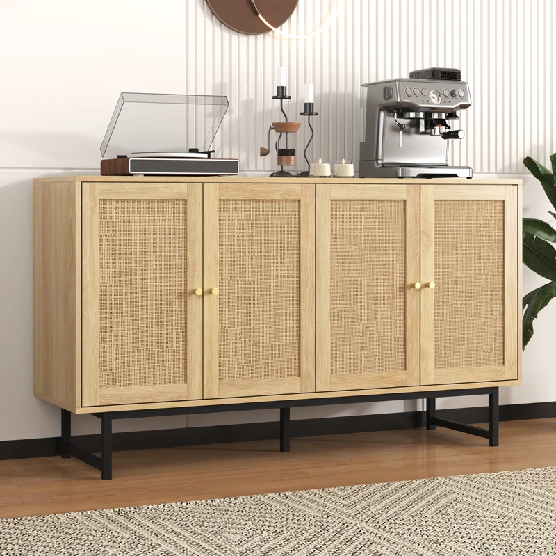 Buffet naturelle effet bois 4 portes en rotin 140*39*80cm STIQNOID