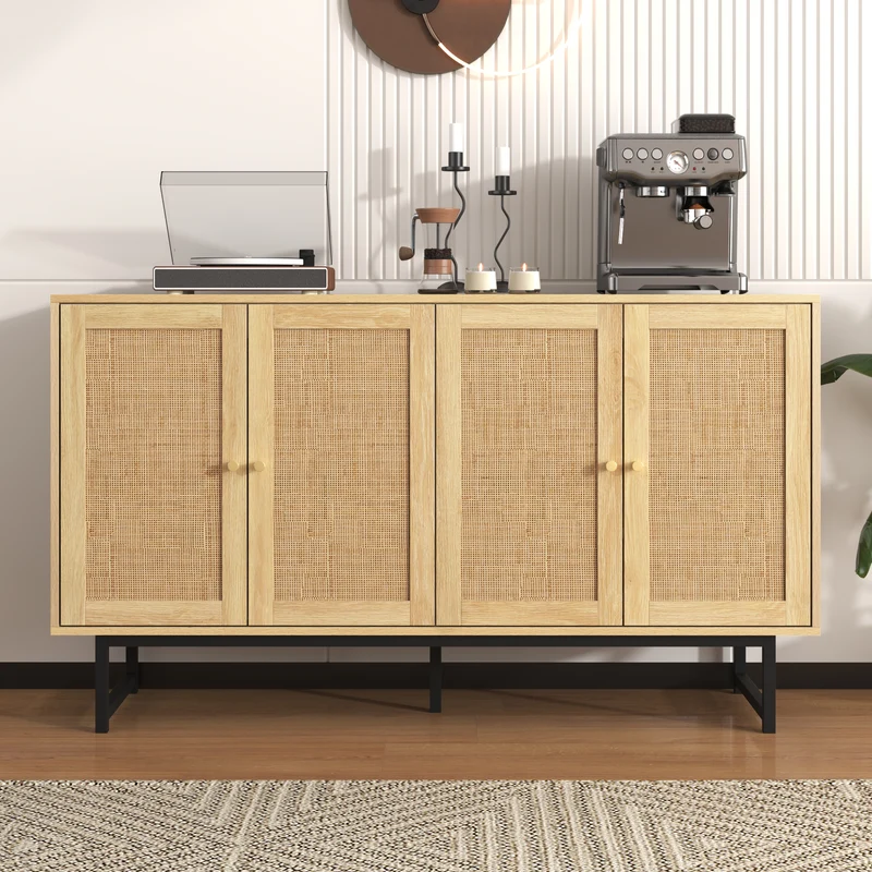 Buffet naturelle effet bois 4 portes en rotin 140*39*80cm STIQNOID