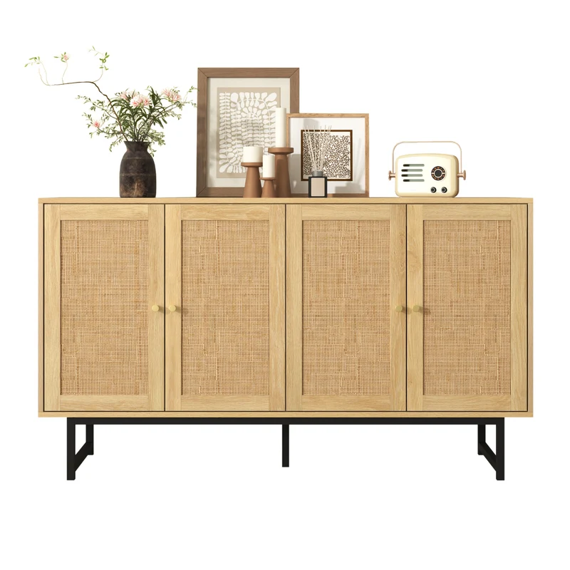 Buffet naturelle effet bois 4 portes en rotin 140*39*80cm STIQNOID