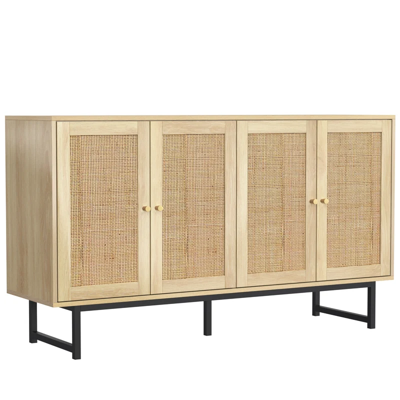Buffet naturelle effet bois 4 portes en rotin 140*39*80cm STIQNOID