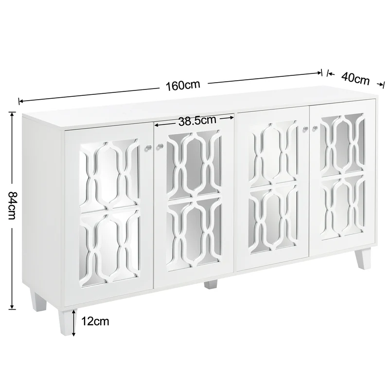 Buffet blanc design 4 portes miroir motif géométrique et poignées en cristal froid 160*40*84cm VOVRATH WHITE