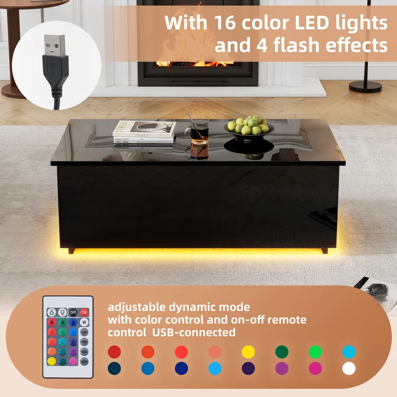 Table basse relevable noire brillante avec éclairage LED 100*50*35 cm OKRUITS BLACK