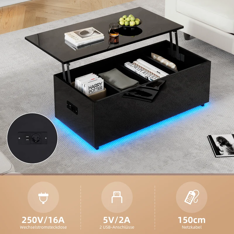 Table basse relevable noire brillante avec éclairage LED 100*50*35 cm OKRUITS BLACK