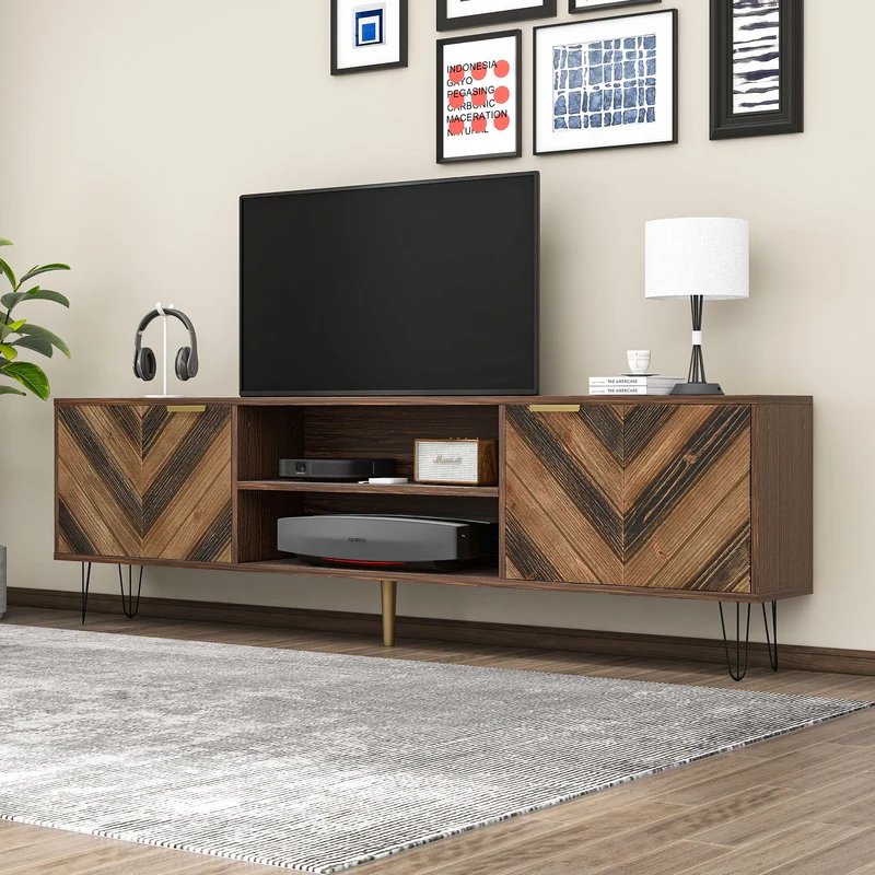Meuble TV effet bois, 2 portes et 2 niches ouvertes, marron, 155x38x48cm BEILZA