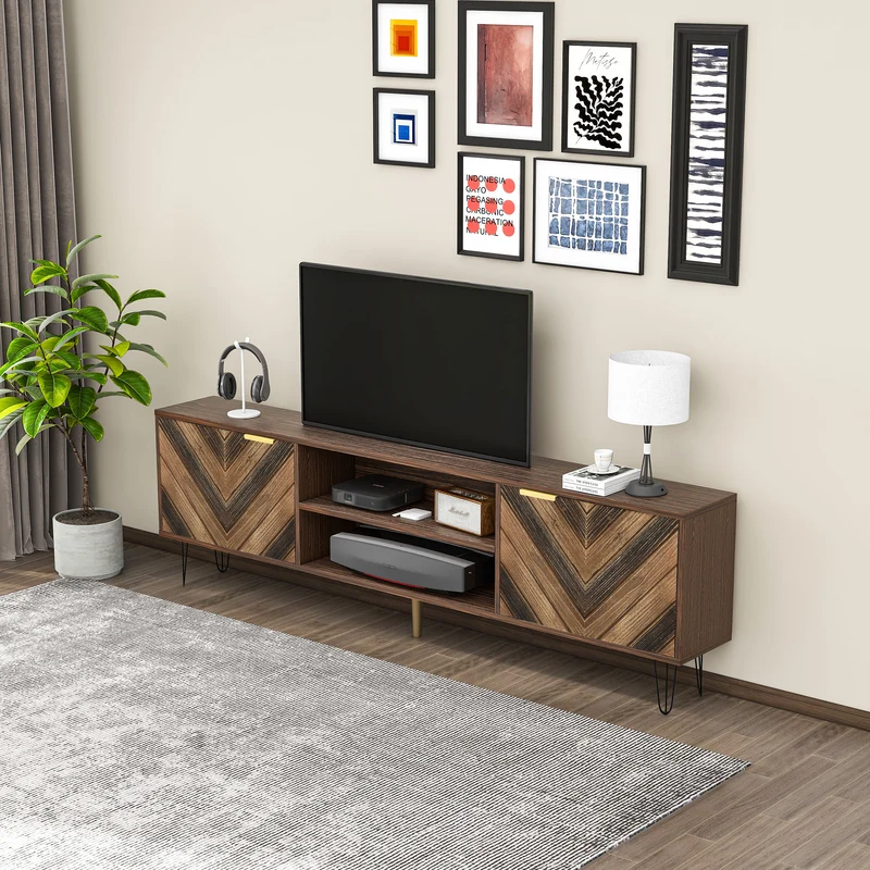 Meuble TV effet bois, 2 portes et 2 niches ouvertes, marron, 155x38x48cm BEILZA