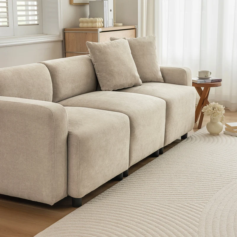 Canapé moderne rembourrés tissu chenille beige 3 places avec coussins SHIDADS BEIGE 3 SEATS