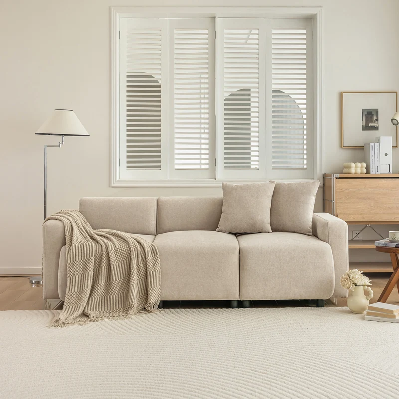 Canapé moderne rembourrés tissu chenille beige 3 places avec coussins SHIDADS BEIGE 3 SEATS