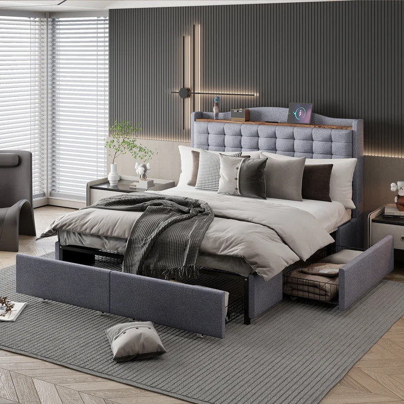 Lit double lin gris rembourré 4 tiroirs avec 2 prises USB (140*200 cm) EMPHUT LIGHT GREY DOUBLE
