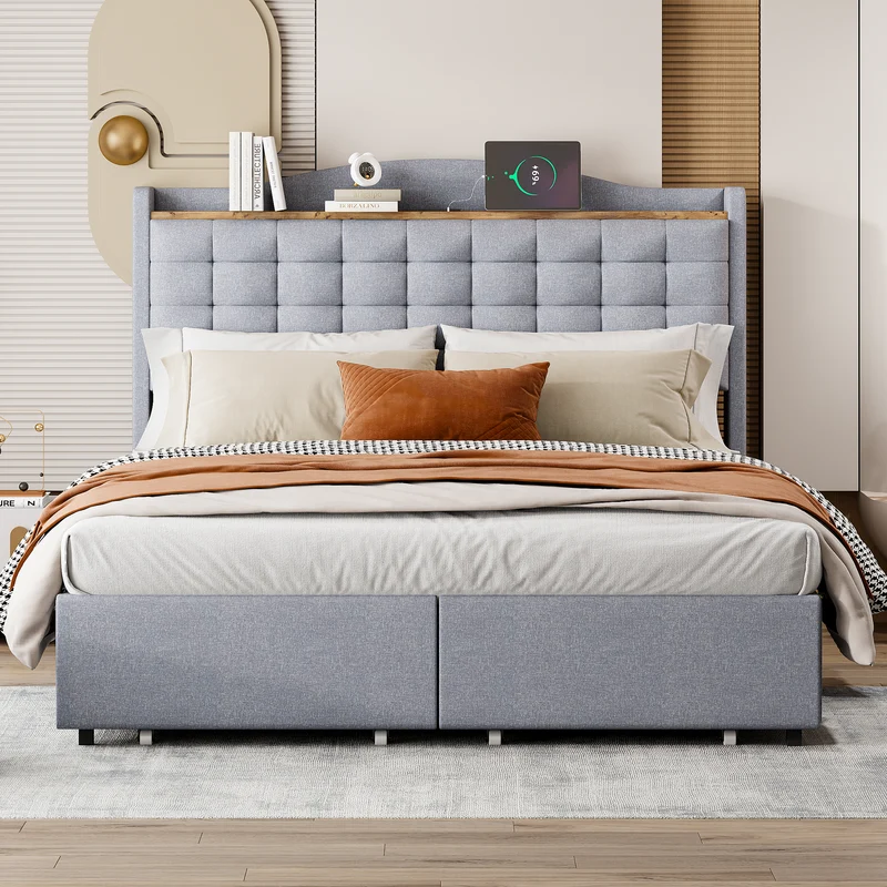 Lit double lin gris rembourré 4 tiroirs avec 2 prises USB (140*200 cm) EMPHUT LIGHT GREY DOUBLE