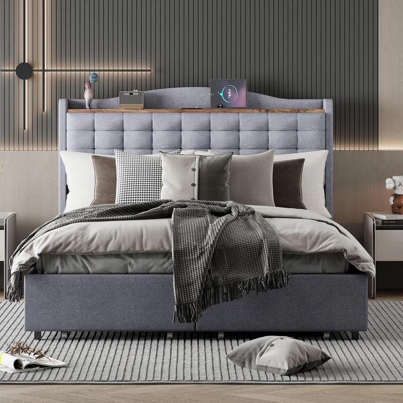 Lit double lin gris rembourré 4 tiroirs avec 2 prises USB (140*200 cm) EMPHUT LIGHT GREY DOUBLE
