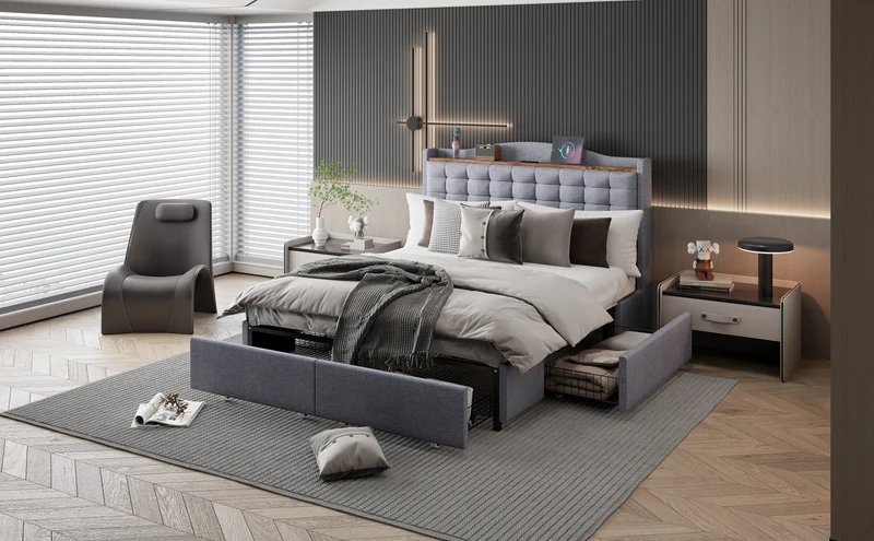 Lit double lin gris rembourré 4 tiroirs avec 2 prises USB (140*200 cm) EMPHUT LIGHT GREY DOUBLE