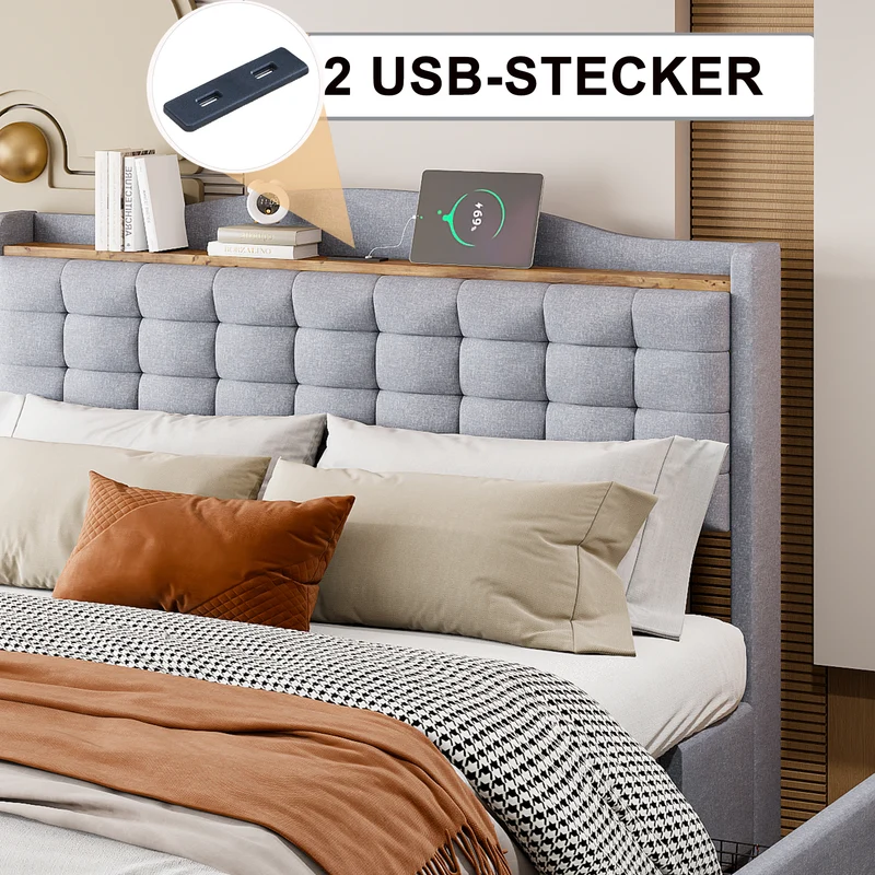 Lit double lin gris rembourré 4 tiroirs avec 2 prises USB (140*200 cm) EMPHUT LIGHT GREY DOUBLE