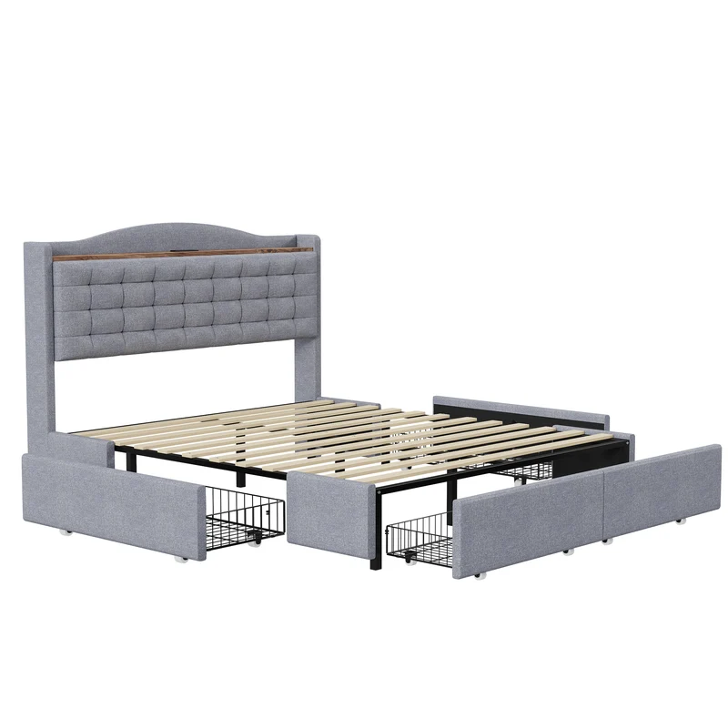 Lit double lin gris rembourré 4 tiroirs avec 2 prises USB (140*200 cm) EMPHUT LIGHT GREY DOUBLE