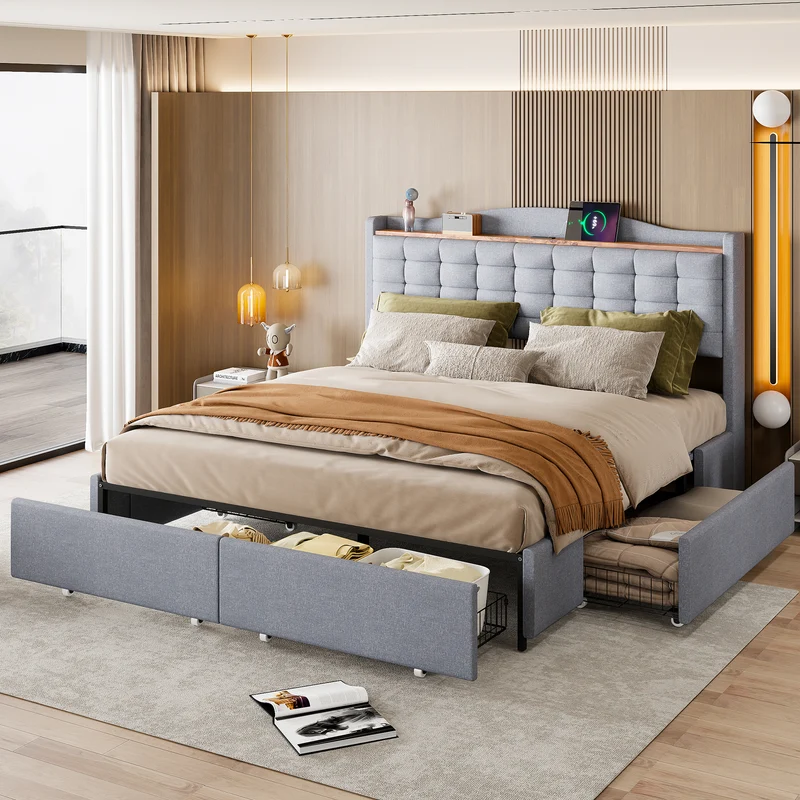 Lit king lin gris clair rembourré 4 tiroirs avec 2 prises USB (160*200 cm) EMPHUT LIGHT GREY KING