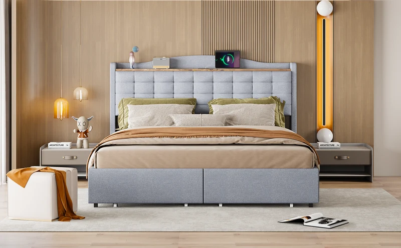 Lit king lin gris clair rembourré 4 tiroirs avec 2 prises USB (160*200 cm) EMPHUT LIGHT GREY KING