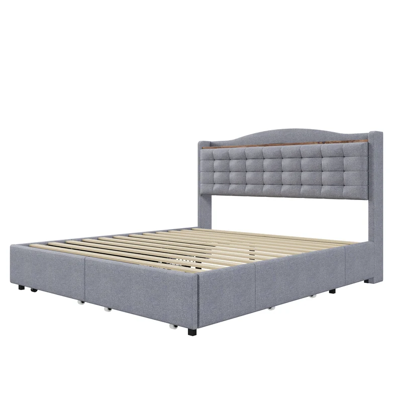 Lit king lin gris clair rembourré 4 tiroirs avec 2 prises USB (160*200 cm) EMPHUT LIGHT GREY KING