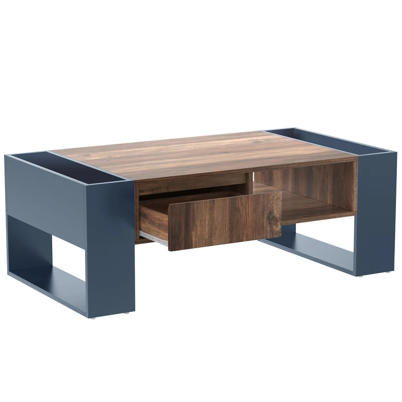 Table basse effet bois 1 tiroir niche ouvert et rangement des 2 côtés anthracite XUGZOIRS