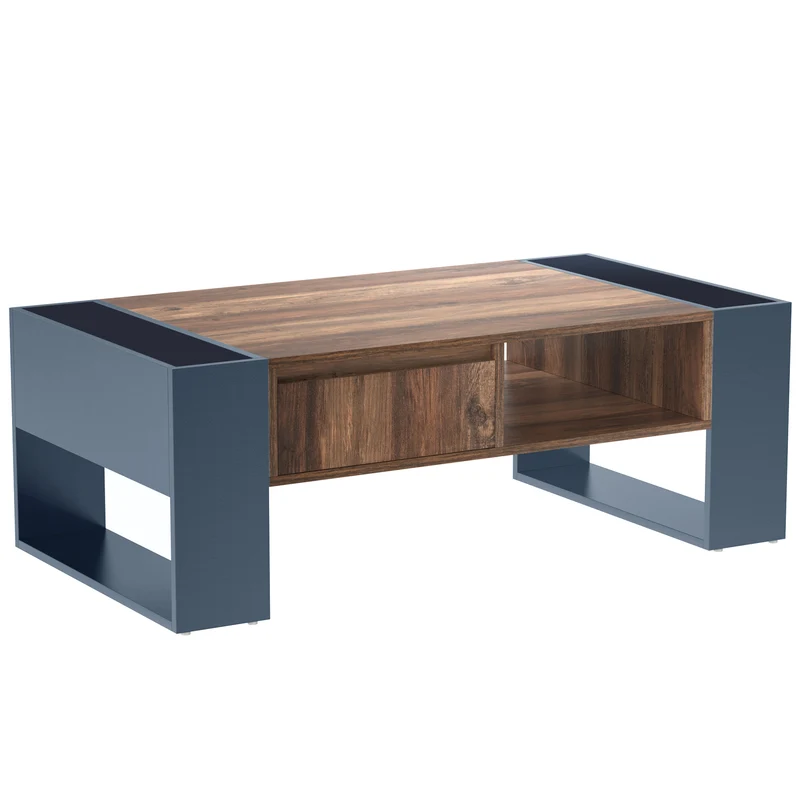 Table basse effet bois 1 tiroir niche ouvert et rangement des 2 côtés anthracite XUGZOIRS