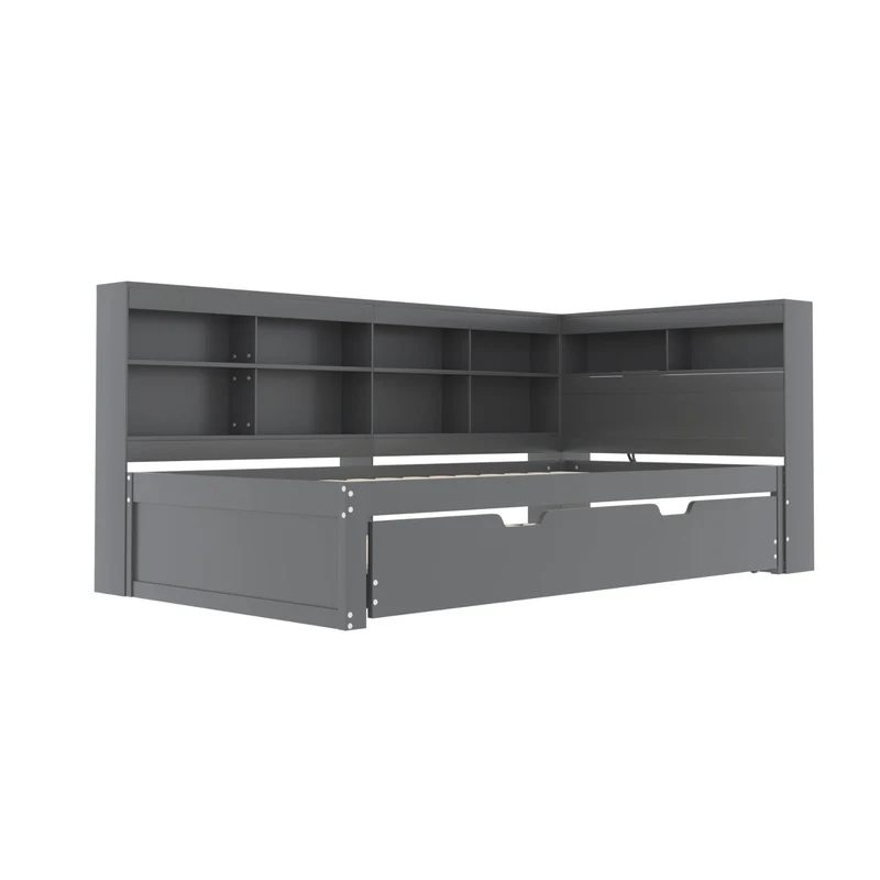 Lit gigogne bois massif gris 90*200 avec prise USB et multiples rangements GIRCAET