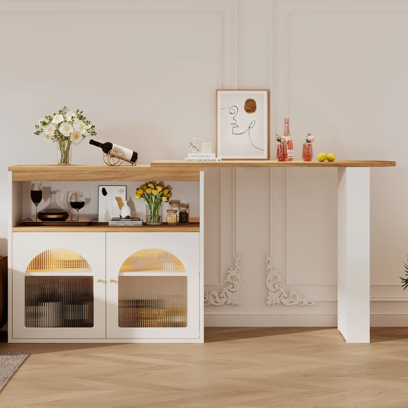 Table de bar extensible rotative moderne blanc avec rangement et bande lumineuse LED THRUTELS WHITE