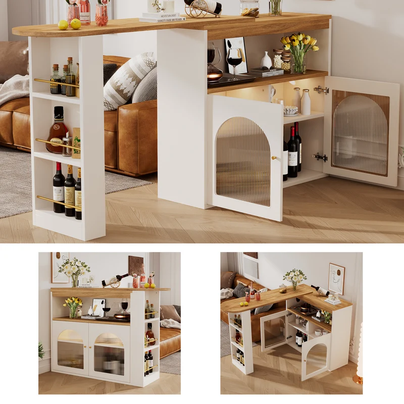 Table de bar extensible rotative moderne blanc avec rangement et bande lumineuse LED THRUTELS WHITE