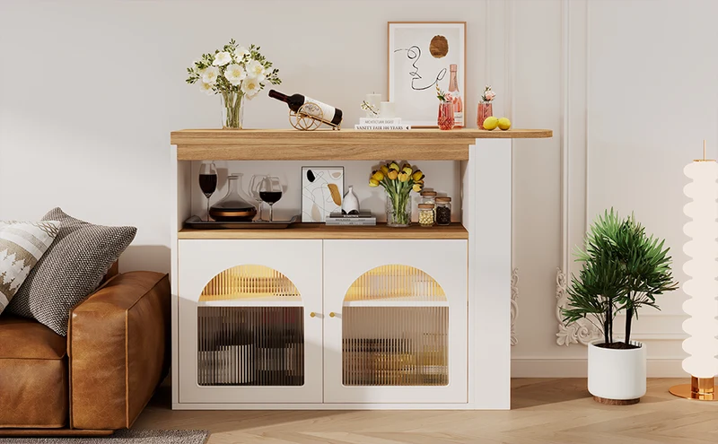Table de bar extensible rotative moderne blanc avec rangement et bande lumineuse LED THRUTELS WHITE
