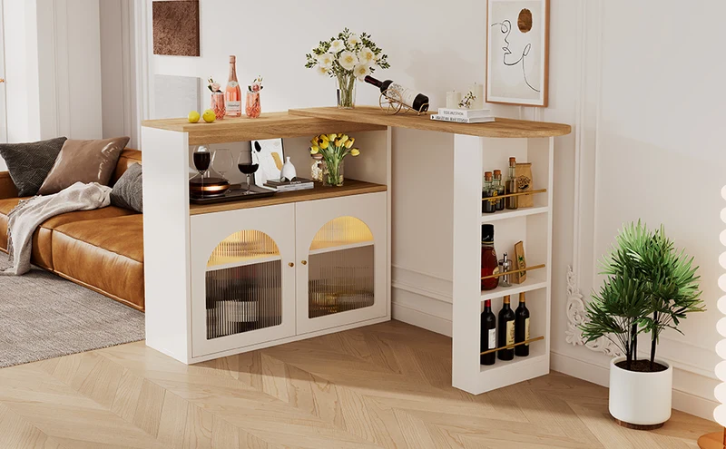 Table de bar extensible rotative moderne blanc avec rangement et bande lumineuse LED THRUTELS WHITE