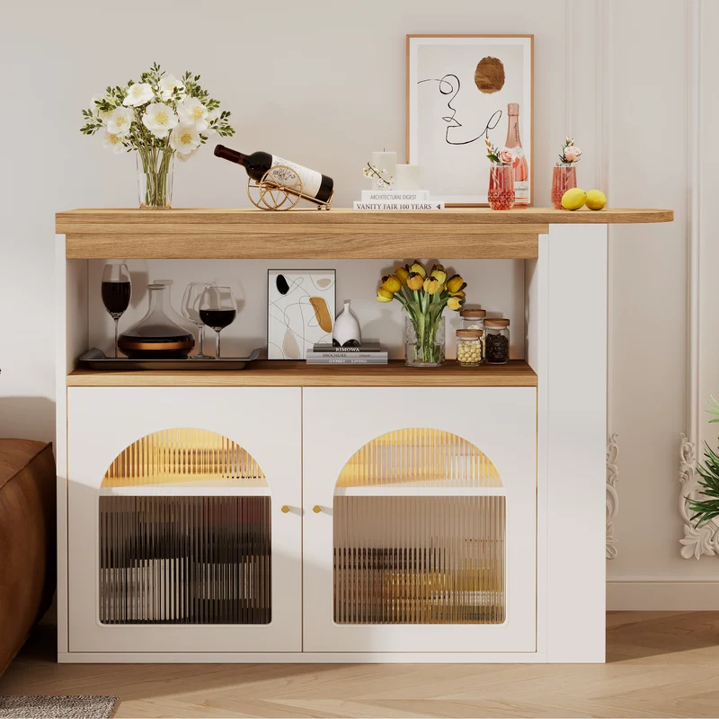 Table de bar extensible rotative moderne blanc avec rangement et bande lumineuse LED THRUTELS WHITE