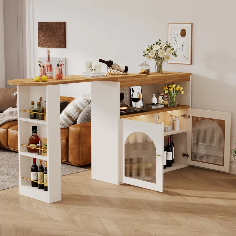 Table de bar extensible rotative moderne blanc avec rangement et bande lumineuse LED THRUTELS WHITE