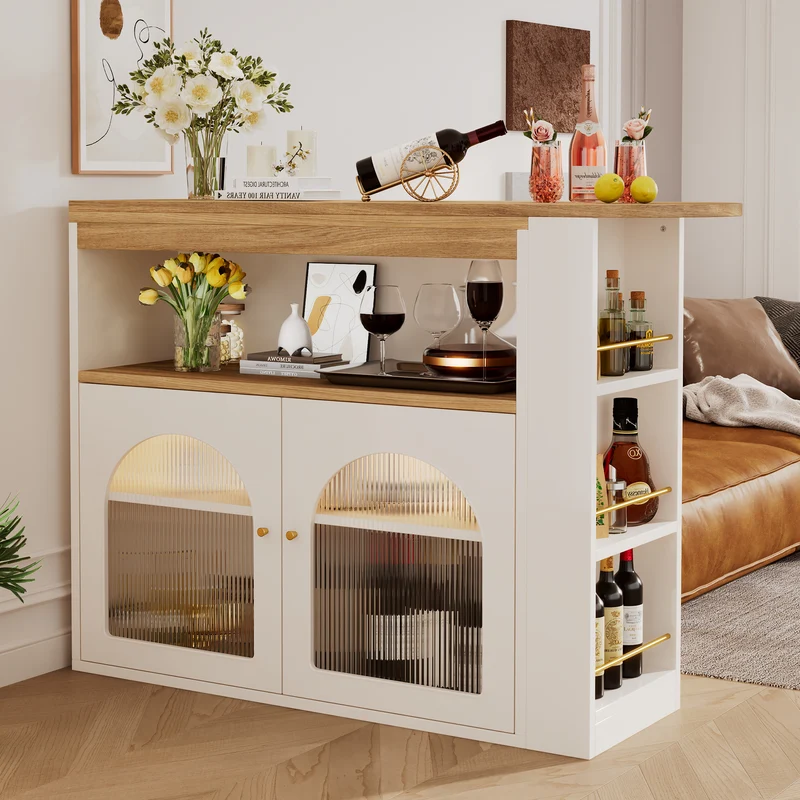Table de bar extensible rotative moderne blanc avec rangement et bande lumineuse LED THRUTELS WHITE