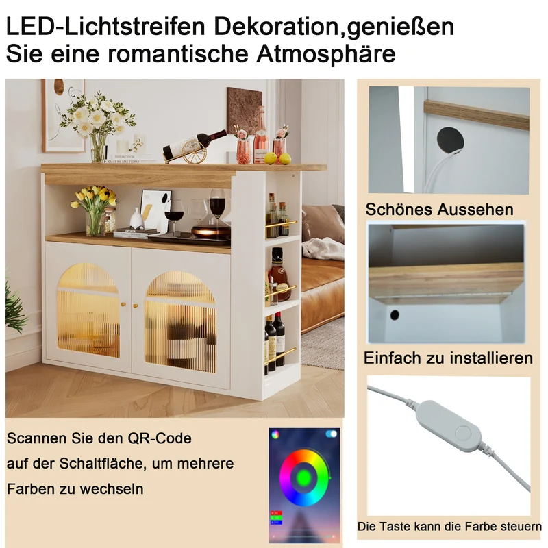 Table de bar extensible rotative moderne blanc avec rangement et bande lumineuse LED THRUTELS WHITE