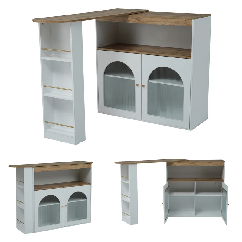 Table de bar extensible rotative moderne blanc avec rangement et bande lumineuse LED THRUTELS WHITE