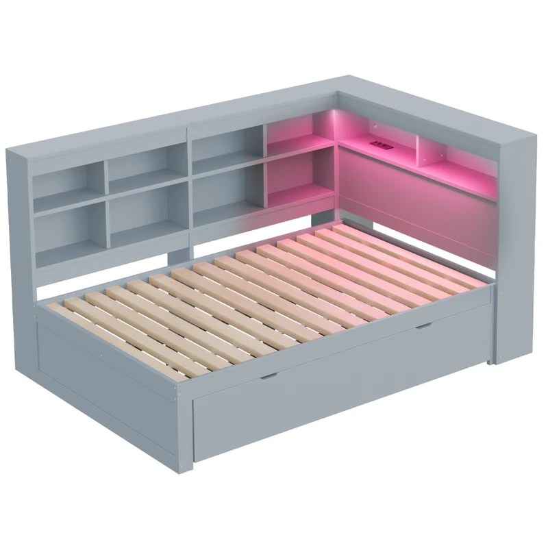 Ensemble lit double et étagère en bois massif gris 140*200cm, avec tiroirs, prise USB et bande lumineuse LED ANDRAD