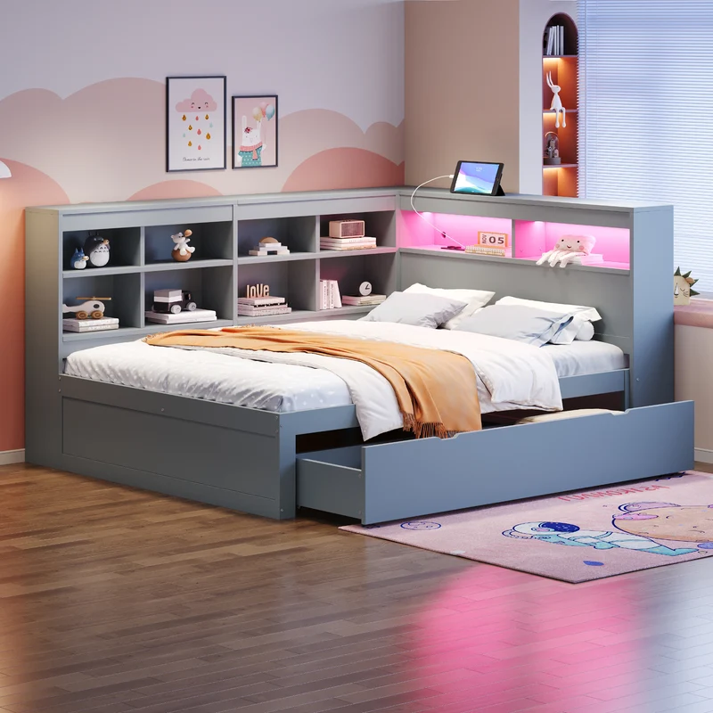 Ensemble lit double et étagère en bois massif gris 140*200cm, avec tiroirs, prise USB et bande lumineuse LED ANDRAD