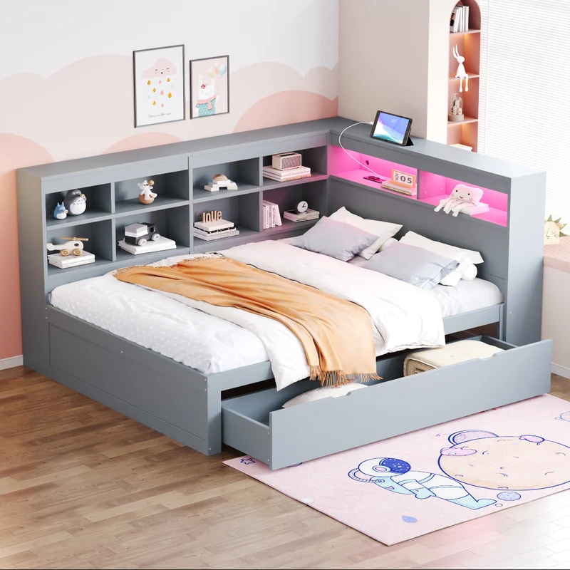 Ensemble lit double et étagère en bois massif gris 140*200cm, avec tiroirs, prise USB et bande lumineuse LED ANDRAD