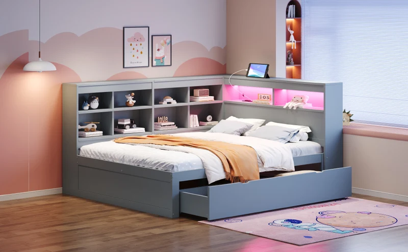 Ensemble lit double et étagère en bois massif gris 140*200cm, avec tiroirs, prise USB et bande lumineuse LED ANDRAD