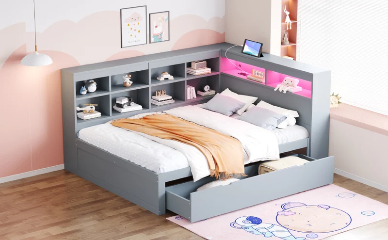 Ensemble lit double et étagère en bois massif gris 140*200cm, avec tiroirs, prise USB et bande lumineuse LED ANDRAD
