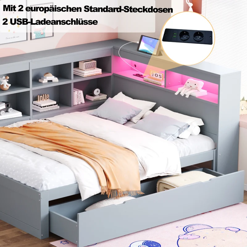 Ensemble lit double et étagère en bois massif gris 140*200cm, avec tiroirs, prise USB et bande lumineuse LED ANDRAD