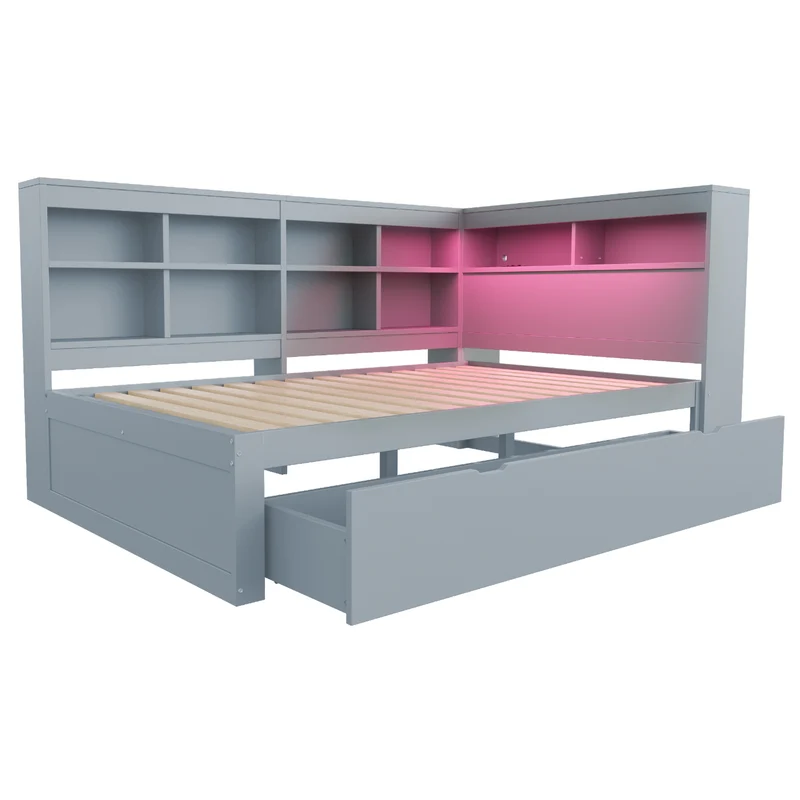 Ensemble lit double et étagère en bois massif gris 140*200cm, avec tiroirs, prise USB et bande lumineuse LED ANDRAD