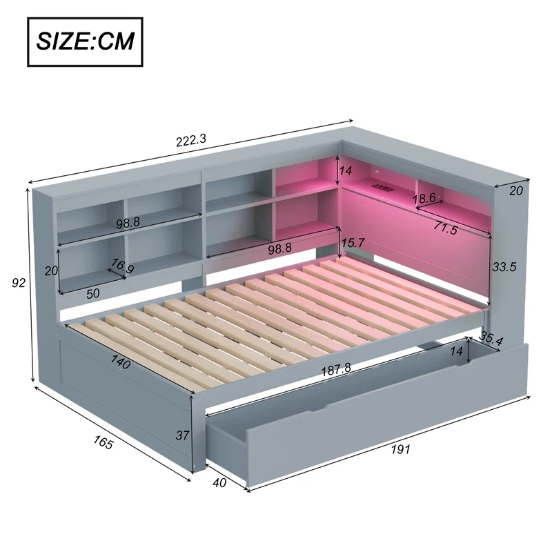 Ensemble lit double et étagère en bois massif gris 140*200cm, avec tiroirs, prise USB et bande lumineuse LED ANDRAD