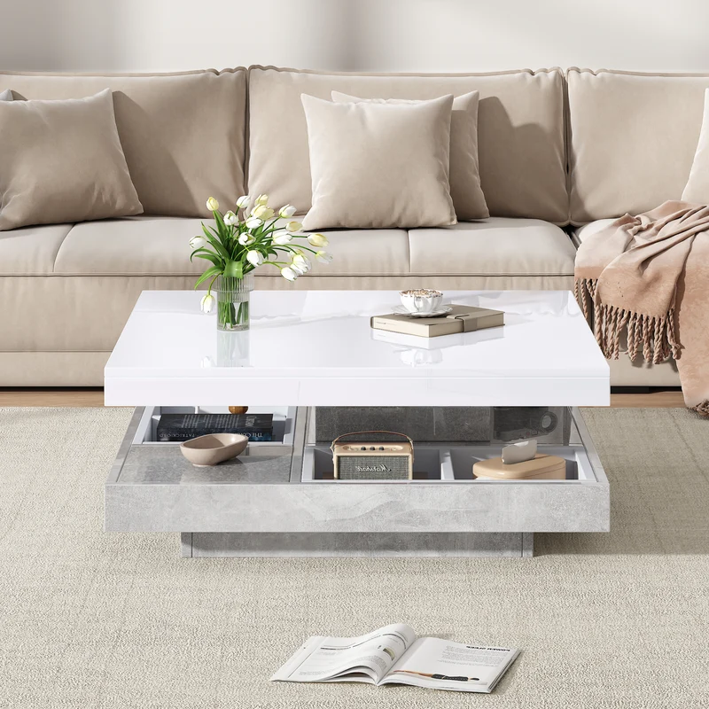 Table basse double plateau brillant pivotant à 360° en blanc et effet marbre grise clair 70*70cm ACHO