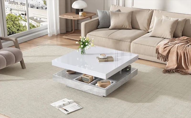 Table basse double plateau brillant pivotant à 360° en blanc et effet marbre grise clair 70*70cm ACHO