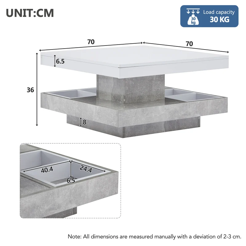 Table basse double plateau brillant pivotant à 360° en blanc et effet marbre grise clair 70*70cm ACHO