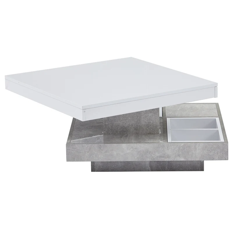 Table basse double plateau brillant pivotant à 360° en blanc et effet marbre grise clair 70*70cm ACHO
