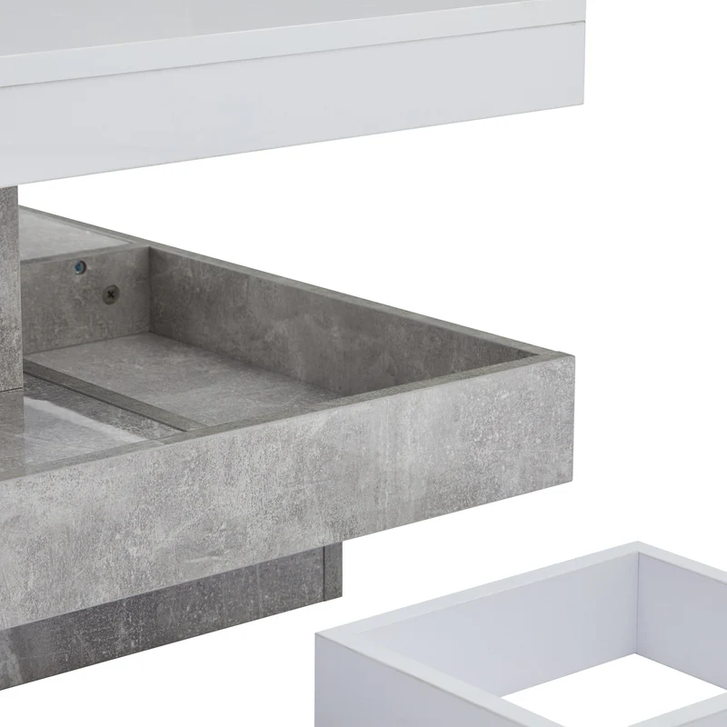 Table basse double plateau brillant pivotant à 360° en blanc et effet marbre grise clair 70*70cm ACHO