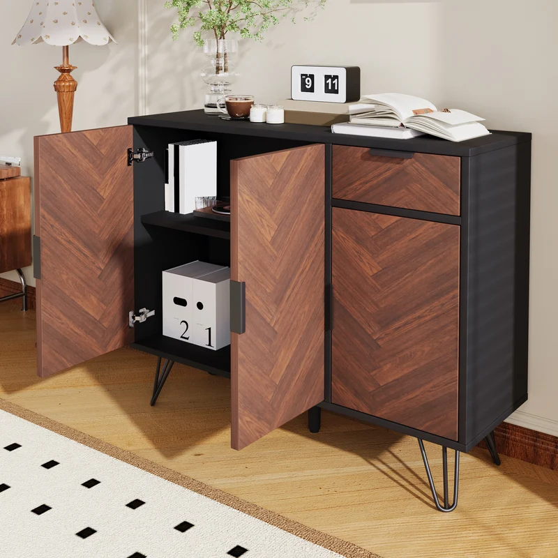 Buffet moderne effet bois foncé et noir avec tiroir 90x30x71,5cm BHOCAINS
